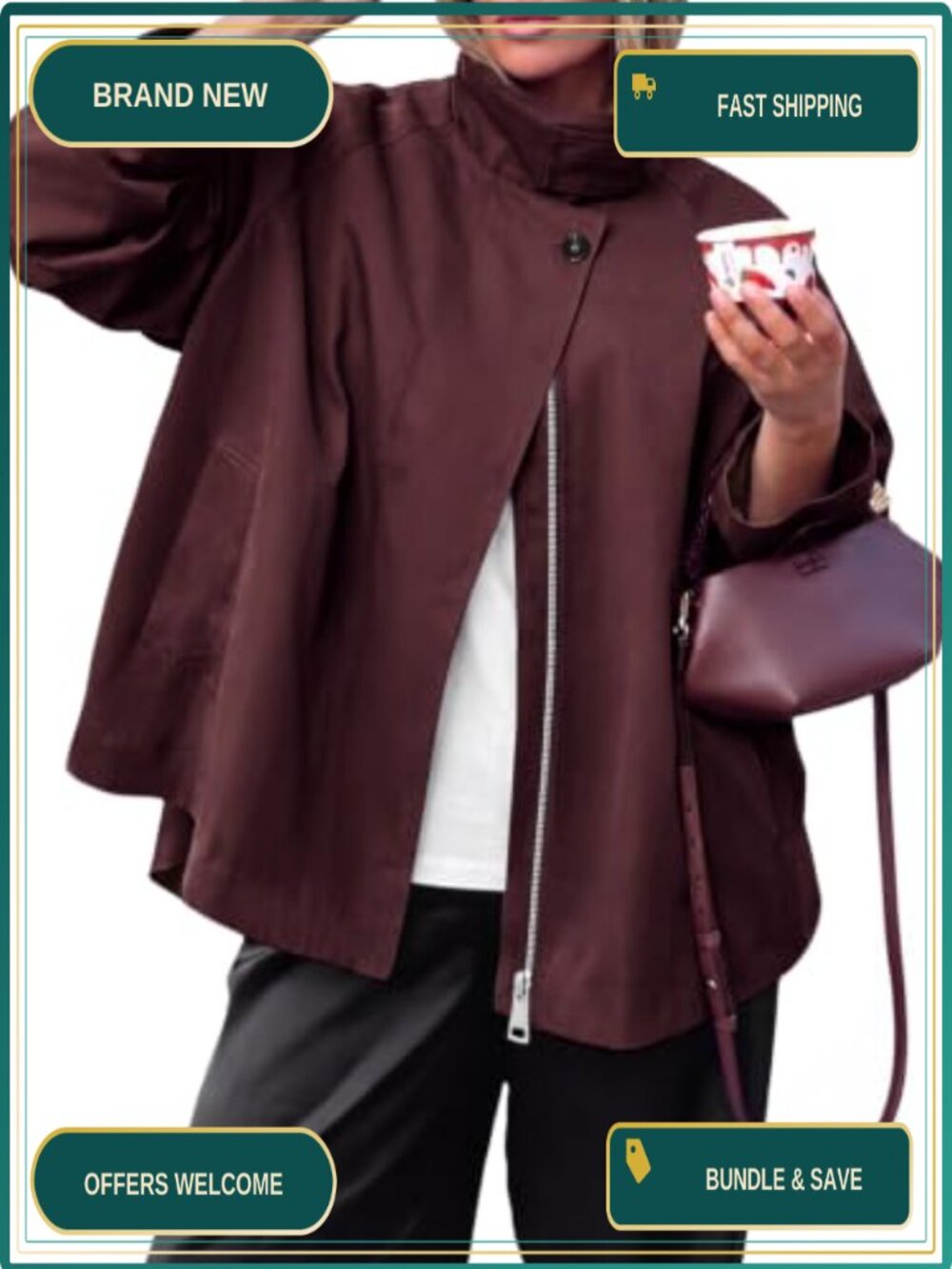 Oversized Trench Coat Stand Collar Button Front Long Sleeve Lightweight Casual